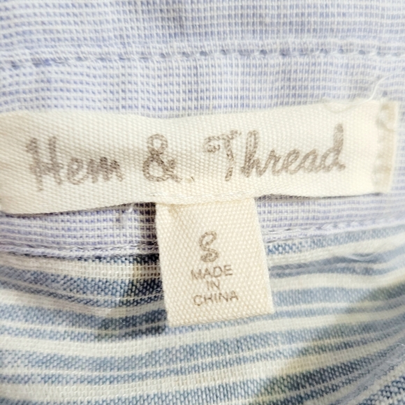 Hem & Thread Sleeveless Shirt Dress Size Small Blue Striped Button Front Tie - Picture 7 of 8